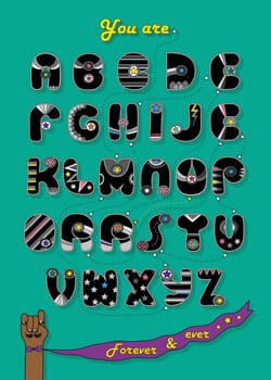 Artistic alphabet with encrypted romantic message We make a good team. Cartoon orange letters with bright decor. Funny hands looking at each other. Inscriptions - Decipher the message and Start here.  Illustration