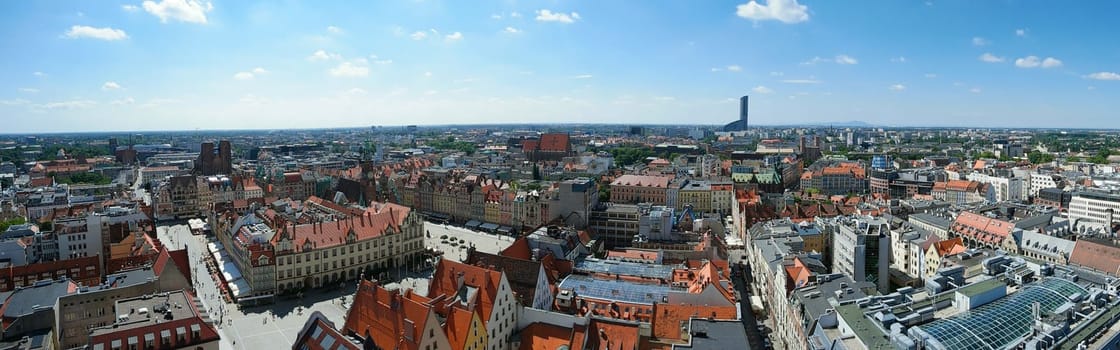 Panorama of Wroclaw city, Poland, Europe. Panoramic view of old town. Aerial view of medieval Market Square. Cityscape of Wroclaw. Skyline, historical house. Famous place, landmark. Old city in Poland