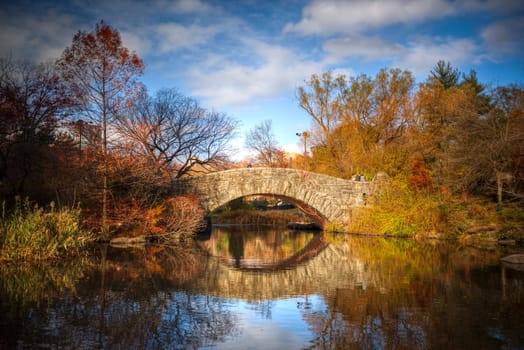 New York City Manhattan Central Park panorama in Autumn lake with skyscrapers and colorful trees with reflection.