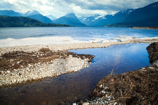 melt the ice in the ocean on a background of mountains. scenic spots