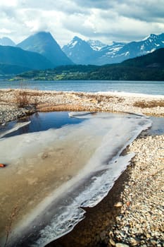 melt the ice in the ocean on a background of mountains. scenic spots