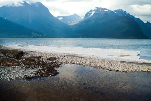 melt the ice in the ocean on a background of mountains. scenic spots