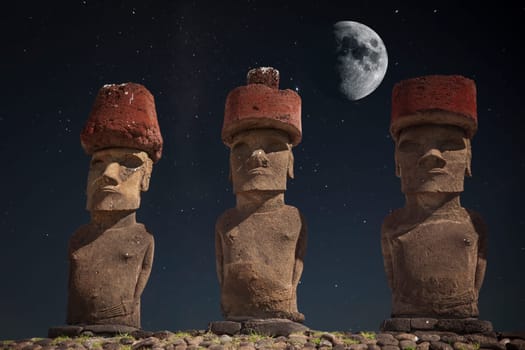 At night, under the light of stars. Moais at Ahu Tongariki (Easter island, Chile)