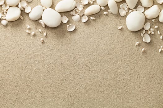 sand,beach background with shells and stones. copy space. top view