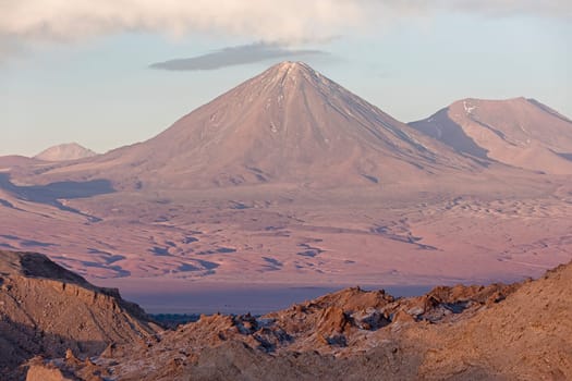 Evening atmosphere with volcano Licancabur in valle de la Luna,Atacama desert,San Pedro de Atacama,Antofagasta,Chile,South America