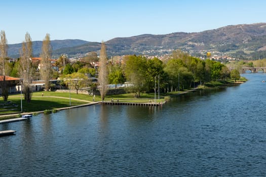 PONTE DE LIMA, PORTUGAL - CIRCA APRIL 2018: Aerial view of Nautical Club near Rio Lima in Ponte de Lima.