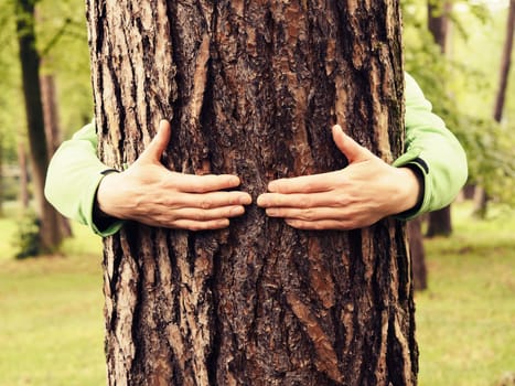 Young man hugs a big tree, environmental or health care concept
