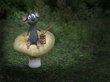 3D rendering of a cute smiling cartoon mouse sitting on a mushroom, holding a lantern in a fairytale toadstool forest at night.
