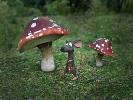 3D rendering of a cute smiling cartoon mouse walking at night with a lantern in a fairytale toadstool forest.