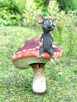 3D rendering of a cute smiling cartoon mouse sitting on a fly agaric mushroom in a fairytale toadstool forest at daytime.