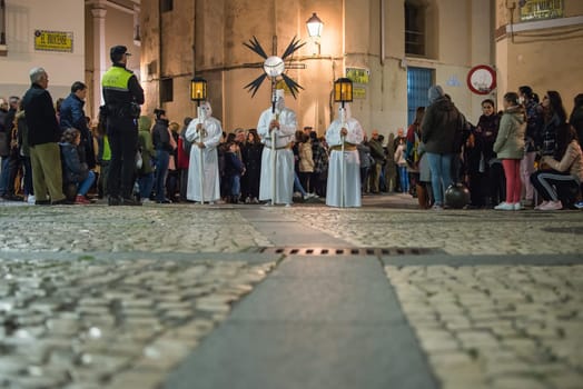 Badajoz, Spain, sunday. march 28. 2018. brotherhood and brotherhood of our father jesus of humanity, our fatherjesus of the arrest and Mary most holy of sorrows