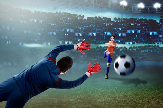 Professional asian soccer player woman kick the ball to goal on the field