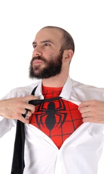 A handsome young man in a white shirt showing his red spider man .under shirt, with a beard and mustache, isolated for white background.