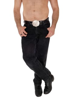 A close up image of the legs and torsos a young man shirtless standing.with his legs crossed and big belt, isolated for white background.