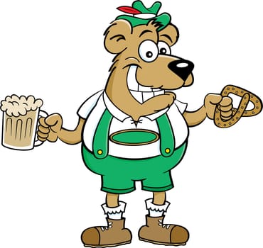 Cartoon illustration of a bear holding a beer mug and a pretzel.