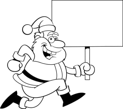 Black and white illustration of a Santa Claus running while holding a sign.
