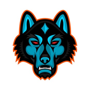 Mascot icon illustration of head of a gray wolf also known as the timber wolf or western wolf, viewed from front on isolated background in retro style.
