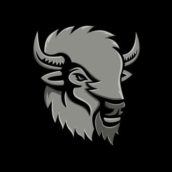 Metallic style flat icon or mascot illustration of an American bison or buffalo head viewed from side on isolated black background.