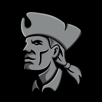 Metallic style flat icon or mascot illustration of head of an American patriot, minuteman or militia revolutionary soldier wearing tricorne hat on isolated black background.