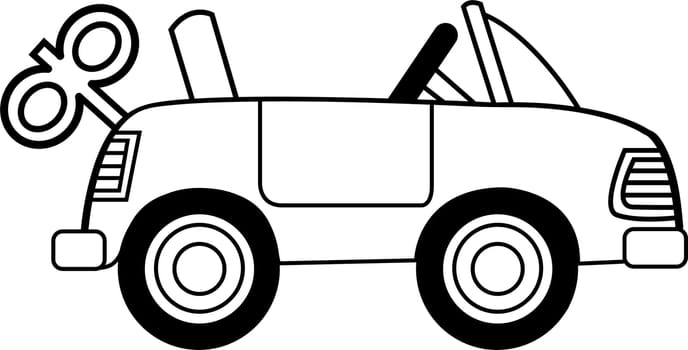 Black and white illustration of a toy wind up car.