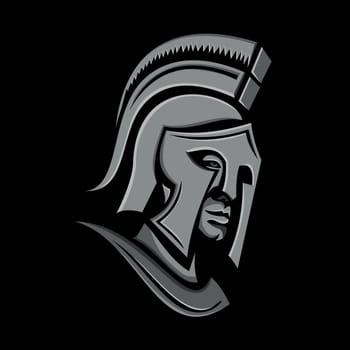 Metallic style flat icon or mascot illustration of a Spartan warrior wearing helmet viewed from side on isolated black background.