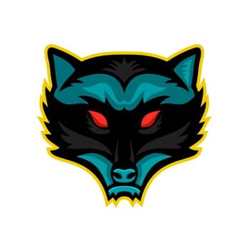Mascot icon illustration of head of an angry North American raccoon, northern raccoon, or racoon viewed from front on isolated background in retro style.