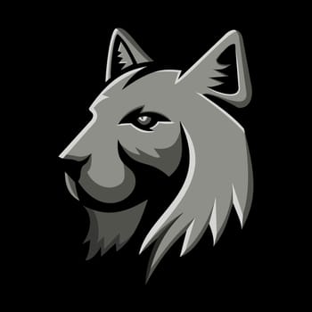 Metallic style flat icon or mascot illustration of head of a lynx cat or bobcat viewed from side on isolated black background.