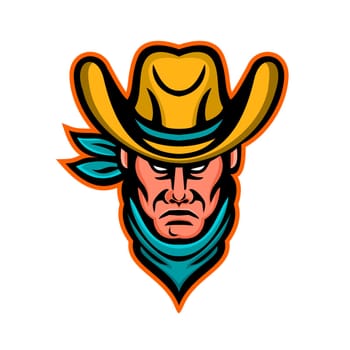 Mascot icon illustration of head of an American cowboy wearing kerchief and hat viewed from front on isolated background in retro style.
