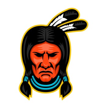 Mascot icon illustration of head of a Sioux Native American Indian chief viewed from front on isolated background in retro style.