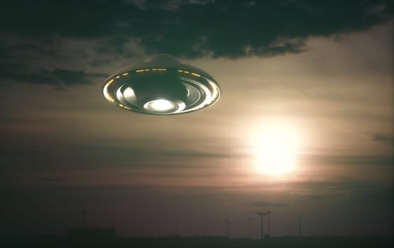 Unidentified flying object, UFO with the sunset in the background.