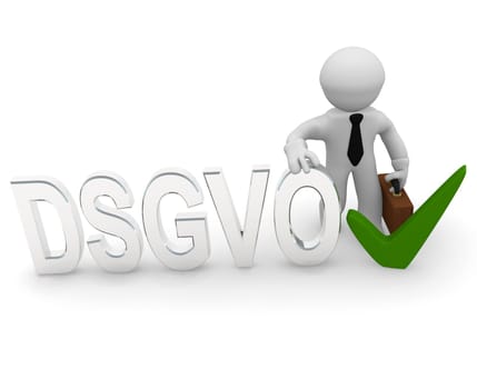 Small business character with the letters DSGVO and a green check mark, 3d concept rendering