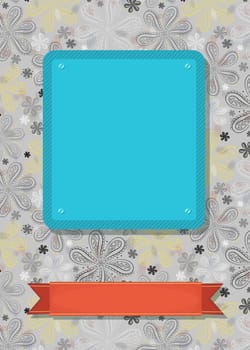 Floral greeting card. Black, gray and yellow geometric flowers. Blue and red banners for custom text. Gray background