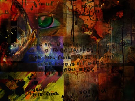 Surrealism. Hand holds glass sphere, green eye and ancient writings on background
