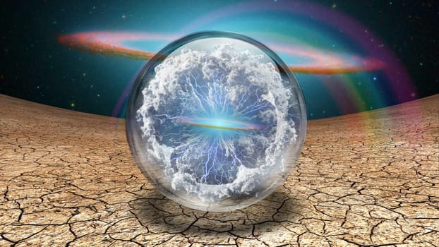 Life capsule. Surrealism. Splash of clouds and lightnings inside crystal ball. Galaxy disk on a background.