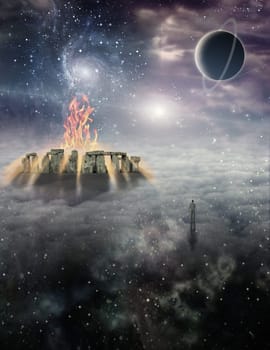 Mystery. Fire burns in ancient temple