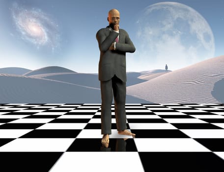 Surrealism. Thinking businessman stands on chessboard. Lonely man in a distance. White sand dune. 3D rendering