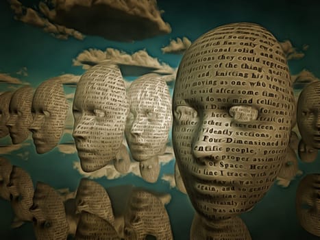 Faces of text hover in surreal space Text is from HG wells the time machine band is in the public domain.