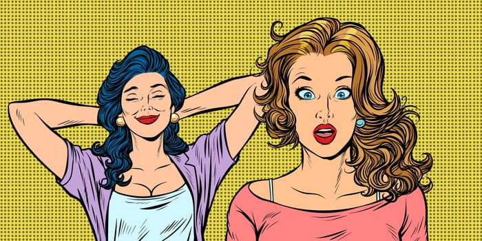 two girlfriends, emotional and relaxed. Pop art retro vector illustration comic cartoon vintage kitsch drawing