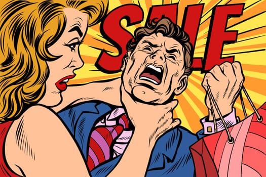 Wife strangles husband, shopping and sales. Pop art retro vector illustration cartoon comics kitsch drawing