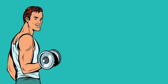 sportive man with dumbbells. Pop art retro vector illustration kitsch drawing
