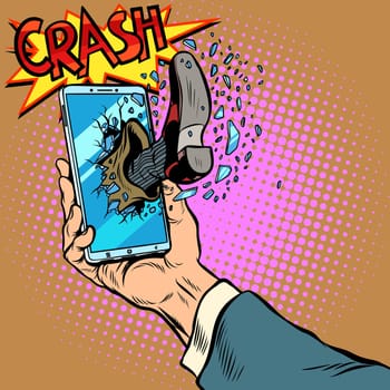 Hacking the phone, concept. Leg breaks smartphone screen. Pop art retro vector illustration comic cartoon kitsch drawing