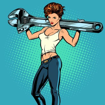 Beautiful woman with a wrench. Pop art retro vector illustration comic cartoon kitsch drawing