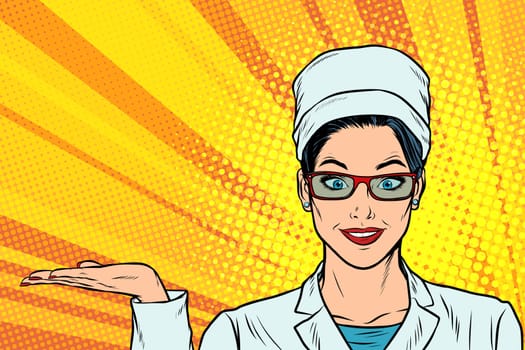 Woman doctor hand presentation gesture. Pop art retro vector illustration cartoon comics kitsch drawing