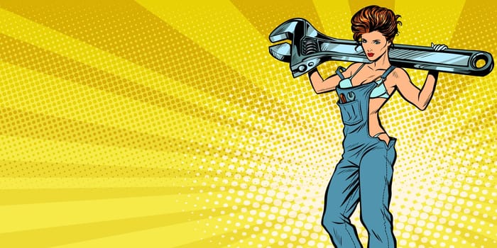 Sexy woman with a wrench, repair service background. Pop art retro vector illustration comic cartoon kitsch drawing