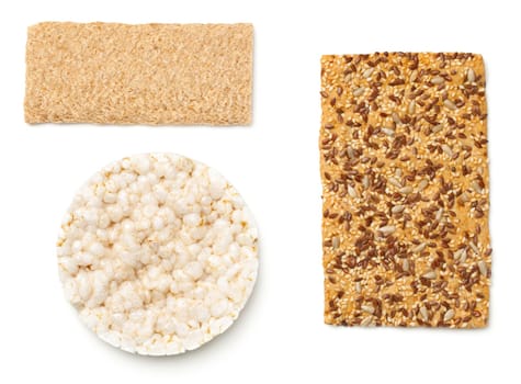 set of crispy breads isolated on white background. top view