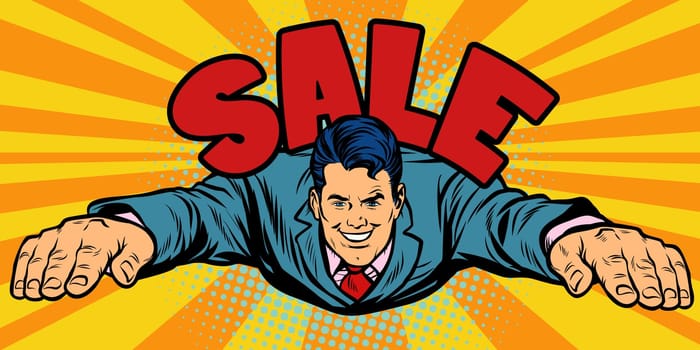 Joyful businessman flies, sale. Pop art retro vector illustration comic cartoon kitsch drawing