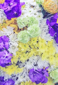 Beautiful natural flowers ornamental garden wall background with different types of flowers as orchid, carnation, and mums. Soft filtered effect.