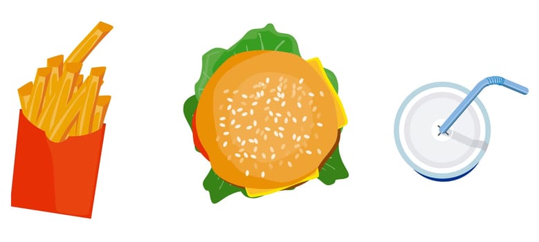 Illustration of burger, fries, and a drink done in retro style.