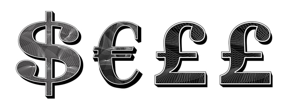 Illustration of money currency sign symbol set on white background done in retro style.