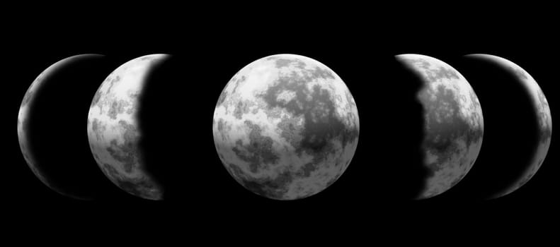 Illustration of moon phase set on black background done in retro style.